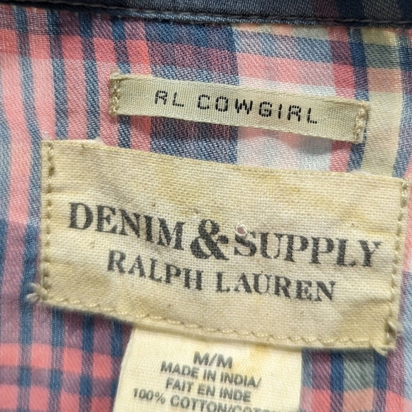 Ralph Lauren Top Women Medium Pink Blue Denim Supply Plaid Button Cowgirl Pearl - Picture 3 of 12